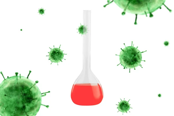 Chemiekolben Mit Roter Flüssigkeit Vor Dem Hintergrund Grüner Bakterien Coronavirus — Stockfoto