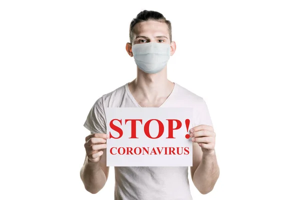 Giovane Tiene Iscrizione Stop Coronavirus Pericolo Del Coronavirus Telaio Orizzontale — Foto Stock