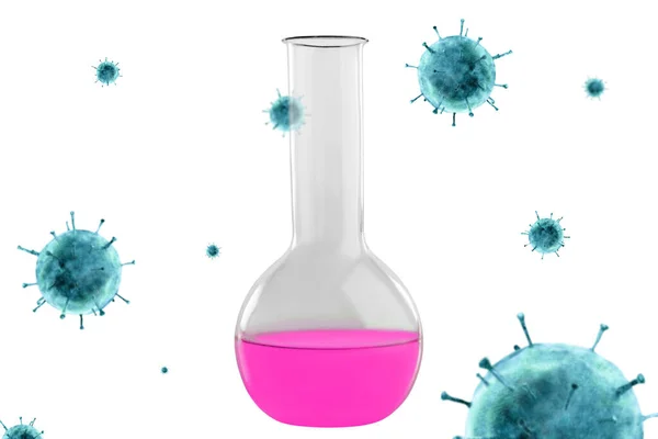 Chemiekolben Mit Lila Flüssigkeit Vor Dem Hintergrund Blauer Bakterien Coronavirus — Stockfoto