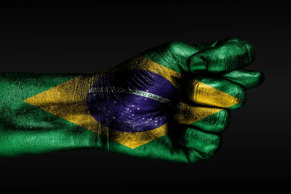 Een Hand Met Een Geschilderde Vlag Van Brazilië Toont Een — Stockfoto