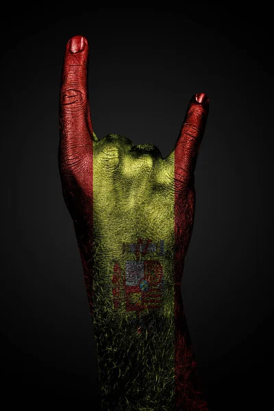 Рука Нарисованным Флагом Испании Показывает Знак Козы Символ Мейнстрима Метала — стоковое фото