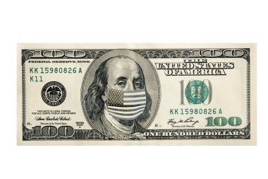 Benjamin Franklin 'in bir virüs tarafından maskelendiği 100 dolar. Coronavirus koruması.