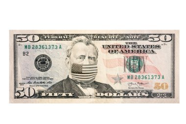 Virüsle maskelenmiş 50 dolarlık Ulysses Grant konsepti. Coronavirus koruması.