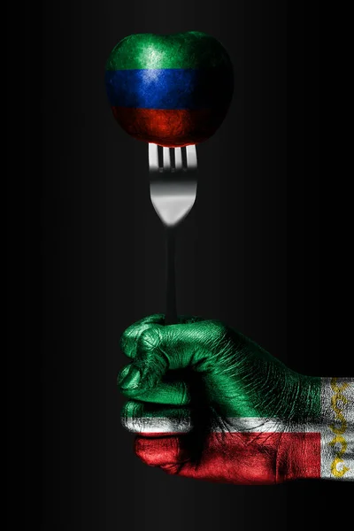 Hand Med Tecknad Tjetjenienflagga Håller Gaffel Vilken Boll Med Tecknad — Stockfoto