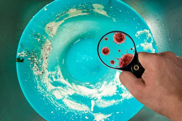一只手与放大镜是针对肮脏的盘子 细菌可见于放大镜中 横向框架 — 图库照片