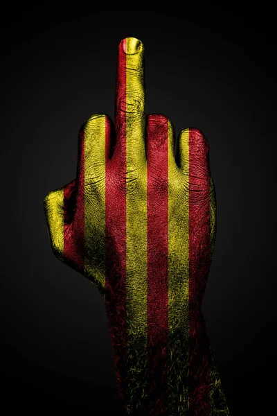 Een Hand Met Een Getekende Catalaanse Vlag Toont Middelvinger Een — Stockfoto