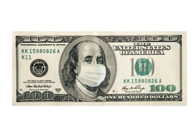 Benjamin Franklin 'in bir virüs tarafından maskelendiği 100 dolar. Coronavirus koruması.