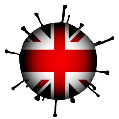Merkezinde büyük Britanya bayrağı bulunan beyaz izole edilmiş bir arka planda bir koronavirüs, bakteri tasviri..