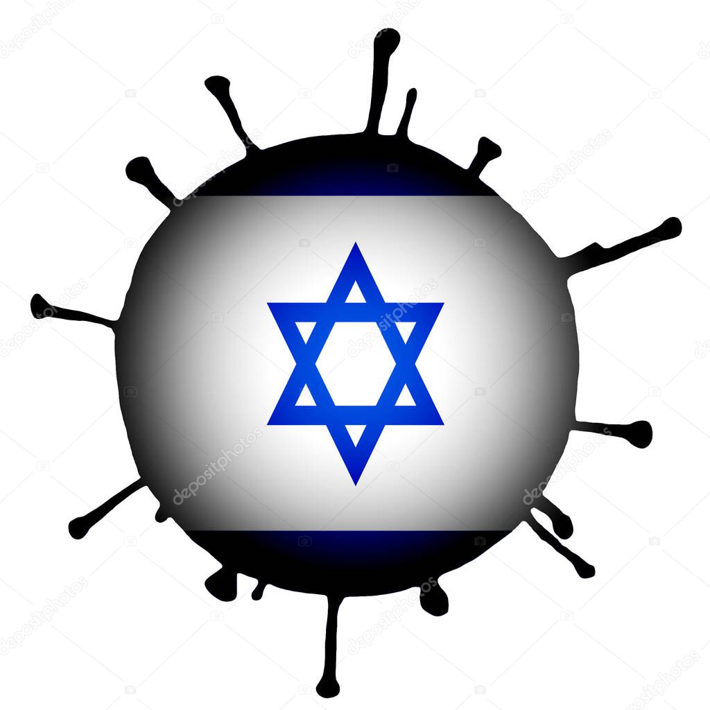 illustration of a coronavirus, bacterium with the flag of Israel in the center, on a white isolated background.