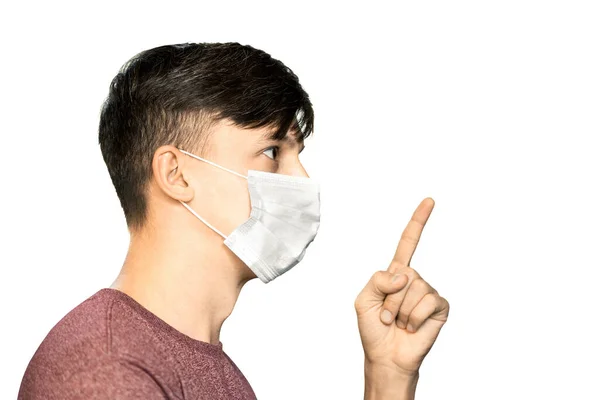 Thema Coronavirus Und Sicherheit Ein Junger Mann Einer Virusmaske Zeigt — Stockfoto