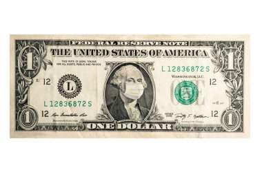 George Washington 'ın bir virüsle maskelenmiş bir dolar konsepti. Coronavirus koruması.