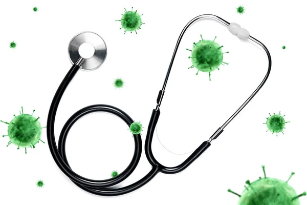 Zwarte Stethoscoop Een Achtergrond Van Groene Bacteriën Een Witte Geïsoleerde — Stockfoto