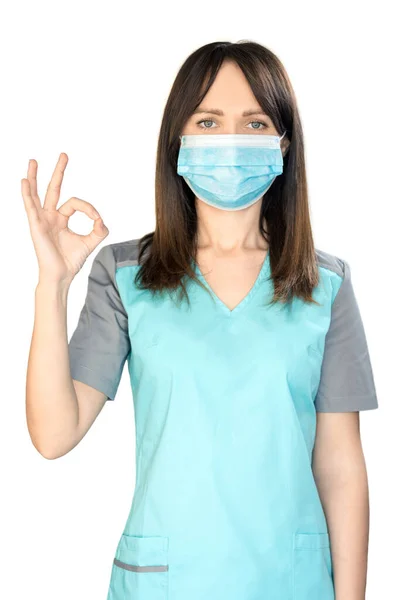 Koronavírus Biztonság Témája Egy Fiatal Doktornő Sötét Hajjal Egy Vírus — Stock Fotó