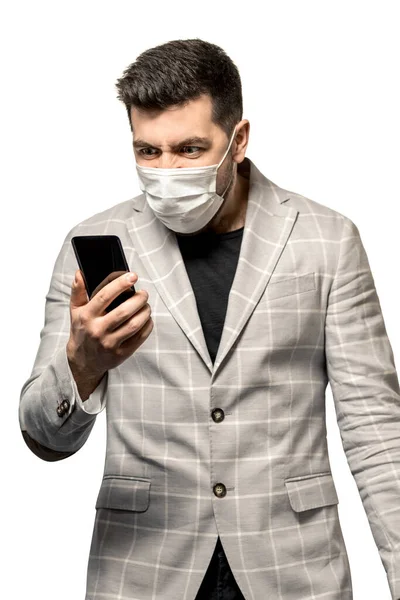 Ung Man Vit Jacka Maskerad Ett Virus Talar Smartphone Vit — Stockfoto