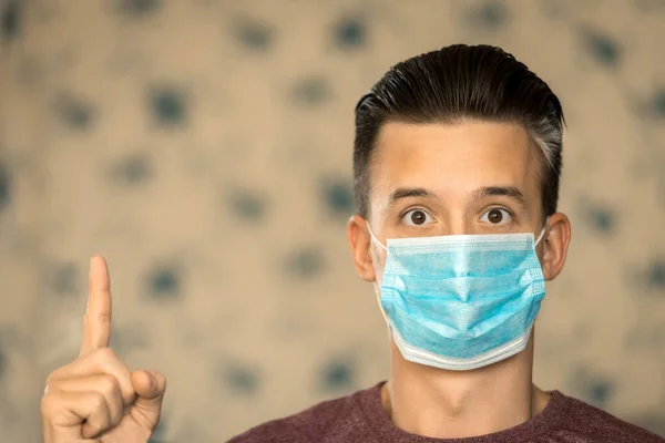 Theme Coronavirus Safety Young Man Emotions Confusion Blue Mask Virus — Stock Photo, Image