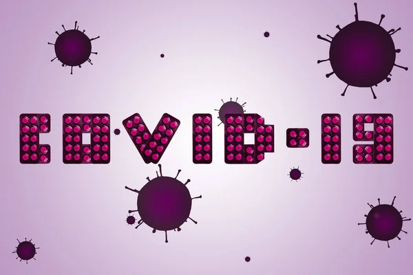 Напис Covid Фіолетових Таблеток Коронавірусних Бактерій Фоні — стокове фото