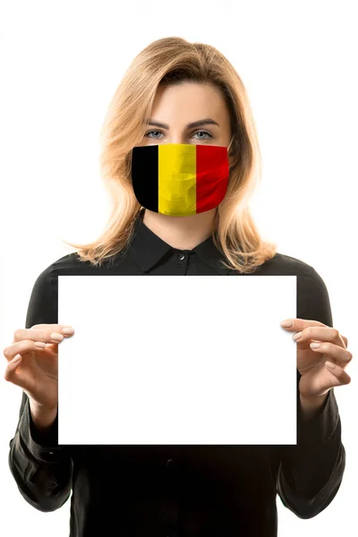 Girl Blond Hair Mask Flag Belgium Blank White Sheet Mockup — Stock Photo, Image