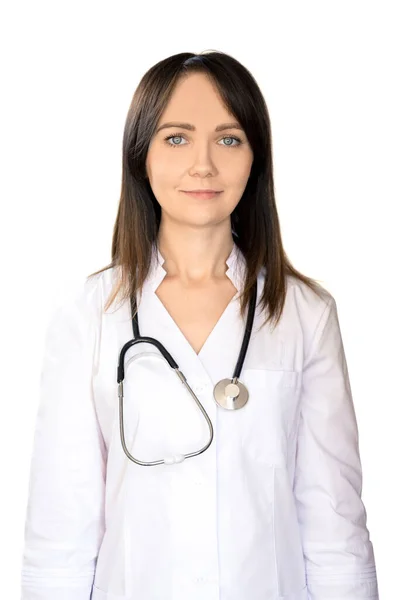 Jonge Vrouw Arts Met Donker Haar Een Witte Medische Jas Rechtenvrije Stockfoto's