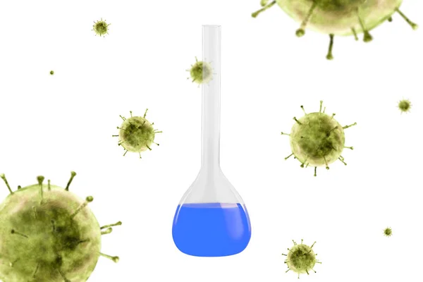 Chemiekolben Mit Blauer Flüssigkeit Vor Dem Hintergrund Gelber Bakterien Coronavirus — Stockfoto