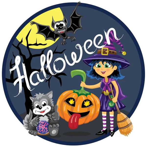 Halloween sceny. Czarownica z dyni, kot i nietoperz — Wektor stockowy