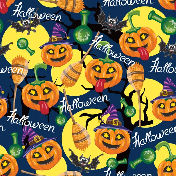 Cadılar Bayramı desen. Sorunsuz vektör desen pumpkins, yarasalar, süpürgeler, uyduları ve ampuller ile
