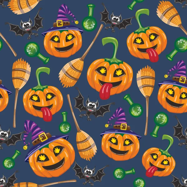 Padrão de Halloween. Padrão vetorial sem costura com abóboras, morcegos, vassouras e bulbos — Vetor de Stock