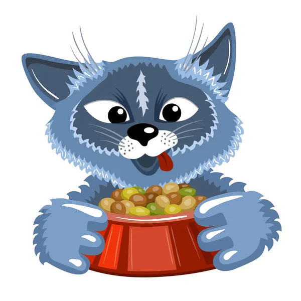 Серый кот с миской еды — стоковый вектор