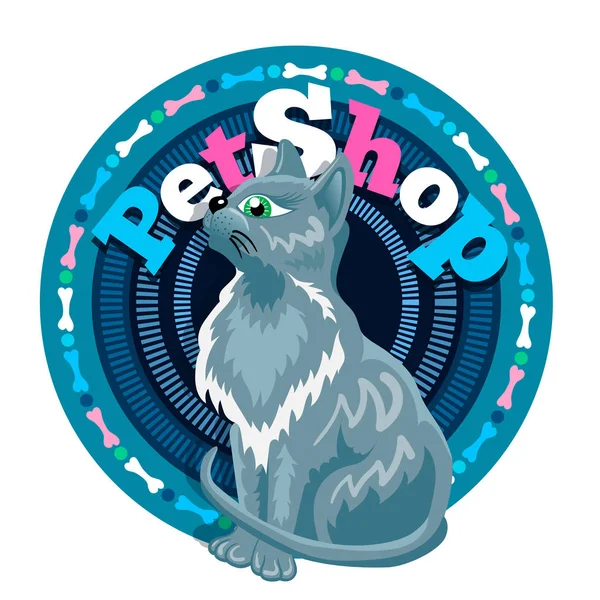Gri ince kedi logo önünde oturuyor