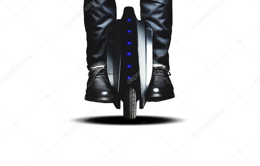Man riding mono wheel electrical transport on isolated background