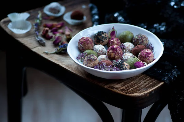 Various Raw vegan sweet candy gluten-free balls