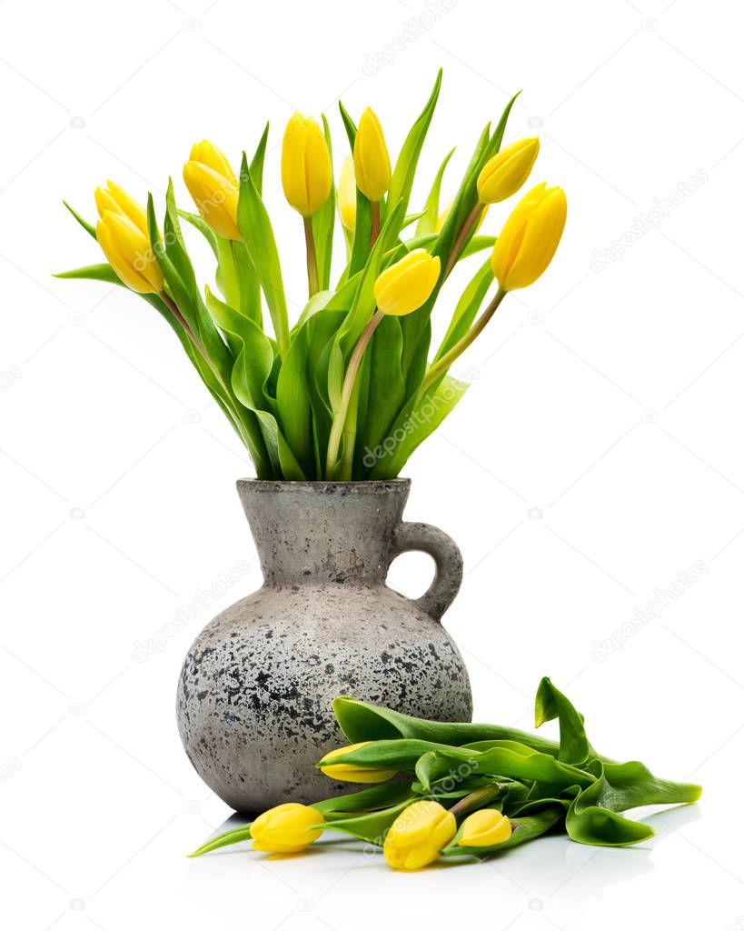 Download Bouquet Yellow Tulips Vase White Background — Stock Photo ...