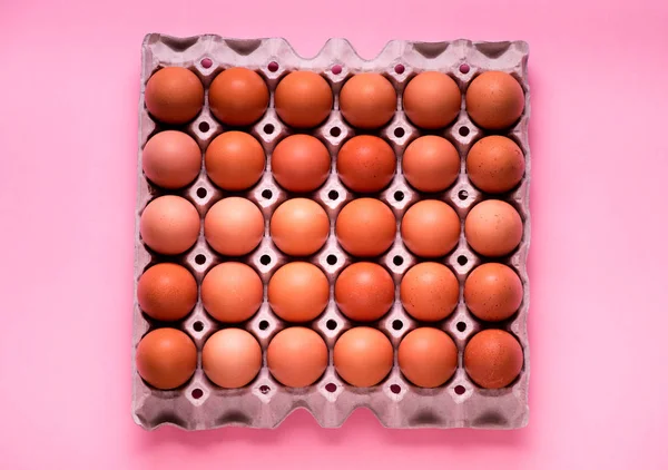 Yellow chicken eggs in a cardboard box, background, top view