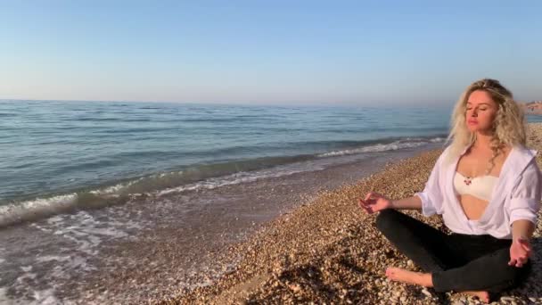 Блондинка Сидящая Пляже Волн Синего Моря — стоковое видео