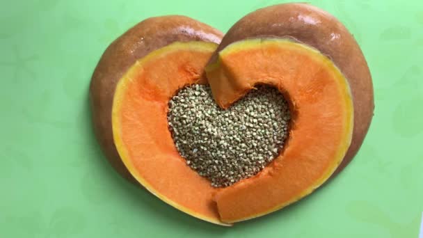 Pumpkin Heart Filled Cereals Chickpeas Buckwheat Stop Motion Top View — ストック動画