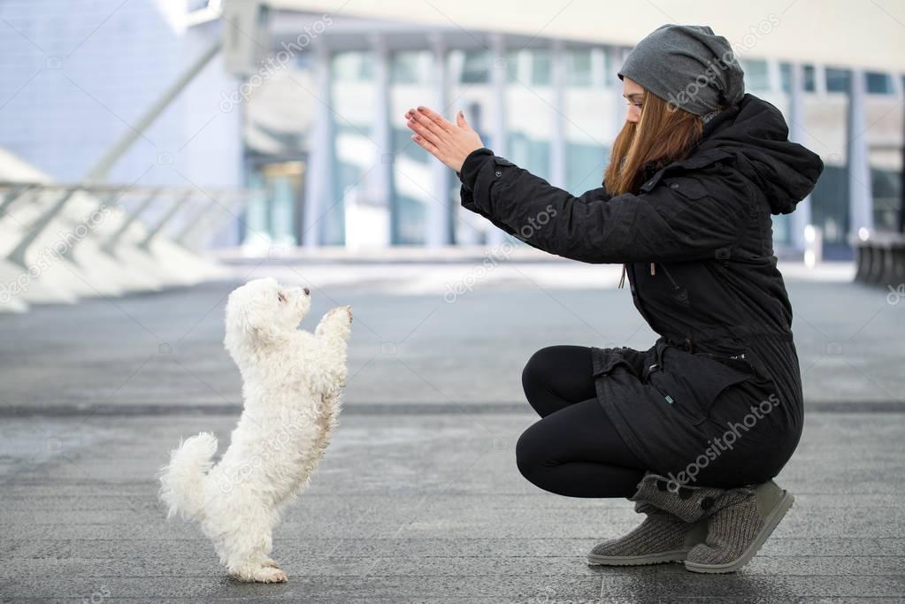 young woman exercises with maltese dog