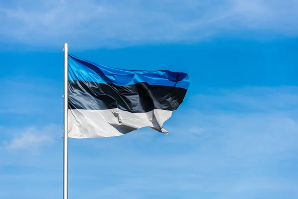Флаг Эстонии, виляющий на ветру на фоне неба — стоковое фото