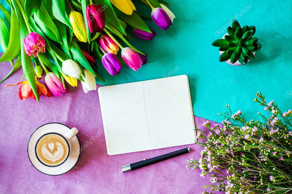 Blank notebook with free copyspace and easter and spring decorat