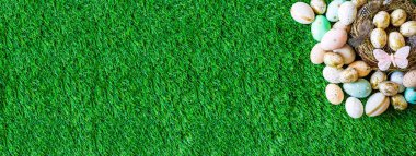 Yumurta, yuva ve kelebekler ile yukarıdan Paskalya fotoğraf