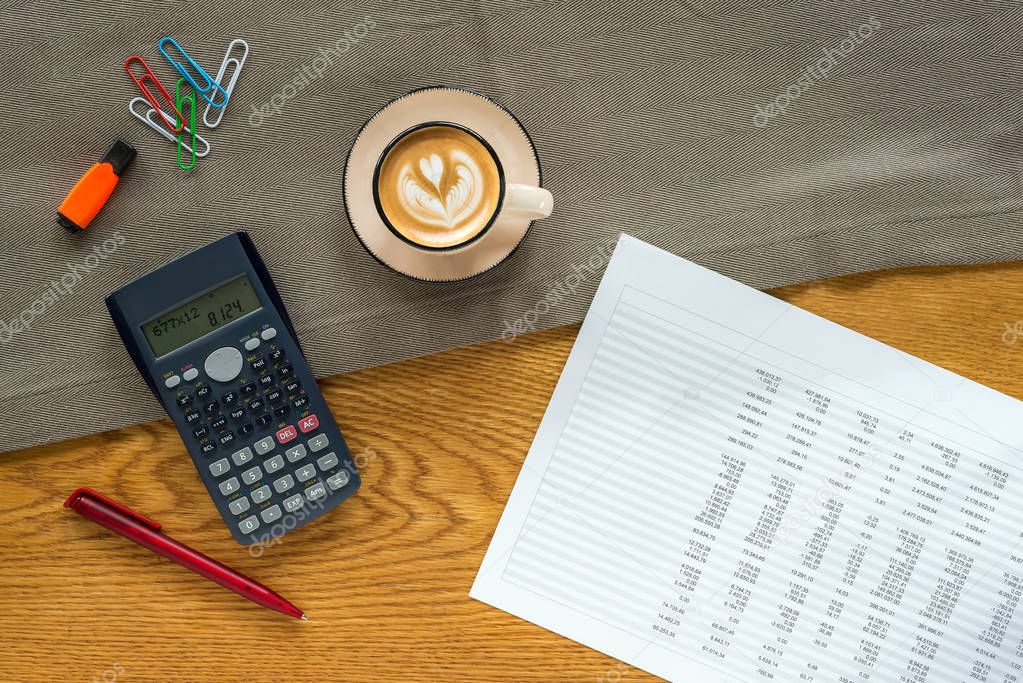 Template of financial accounting desk with calculator and statis