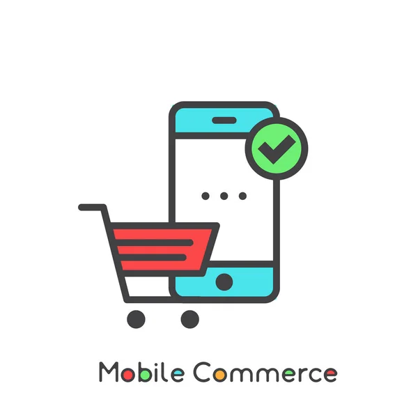 Mobiele handel en betalingen Internet winkelen en aankoop van eenvoudige Vector afbeelding van het pictogram — Stockvector