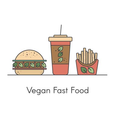 Vegan ve vejetaryen Fast Food Burger, patates kızartması ve meşrubat