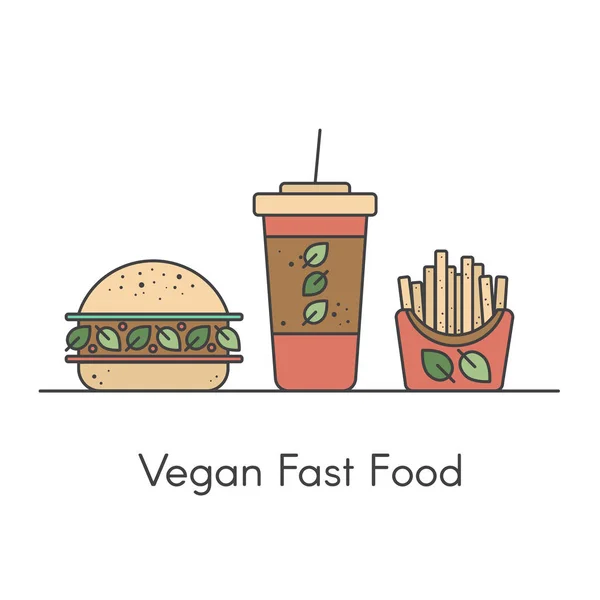 Comida rápida vegana y vegetariana con hamburguesa, papas fritas dulces y refrescos — Vector de stock