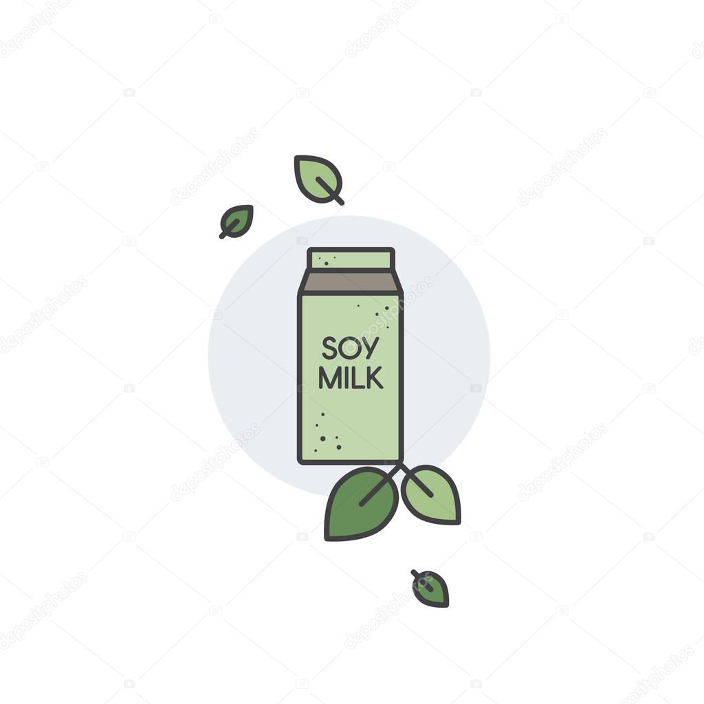 Vector Icon Style Illustration of Pack of Soy Milk with Green Leafs. Vegan and Vegetarian Source of Protein and Vitamin D. Isolated Fully Editable Vector Image for Your Design