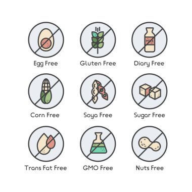 Madde uyarı etiketi simgeleri ayarlayın. Gluten, laktoz, soya, Mısır ve daha fazla dahil olmak üzere yaygın alerjenler şeker ve trans yağ, vejetaryen ve vegan organik sembolleri