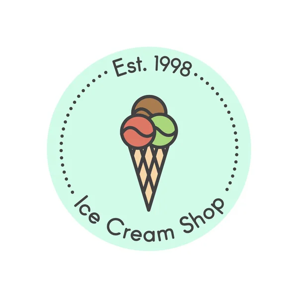 Dondurma dükkanı veya salonu dondurma gofret Kupası ile basit simge stil illüstrasyon amblemi ve üç dondurma top vektör — Stok Vektör