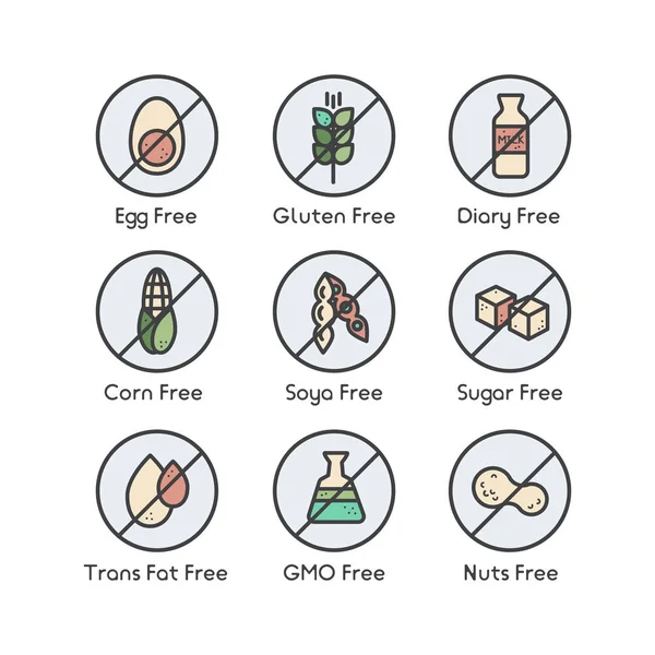 Madde uyarı etiketi simgeleri ayarlayın. Gluten, laktoz, soya, Mısır ve daha fazla dahil olmak üzere yaygın alerjenler şeker ve trans yağ, vejetaryen ve vegan organik sembolleri — Stok Vektör