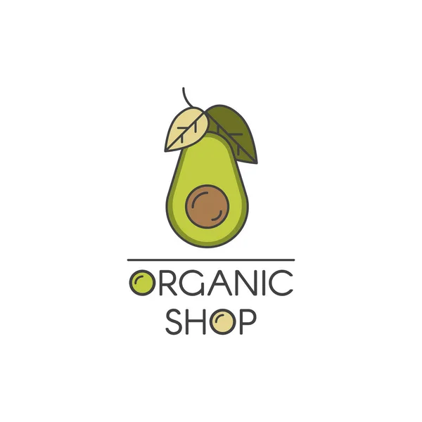 Logotipo de la ilustración del estilo del icono del vector para la tienda o la tienda sana vegana orgánica. Aguacate verde con símbolo de hojas — Vector de stock