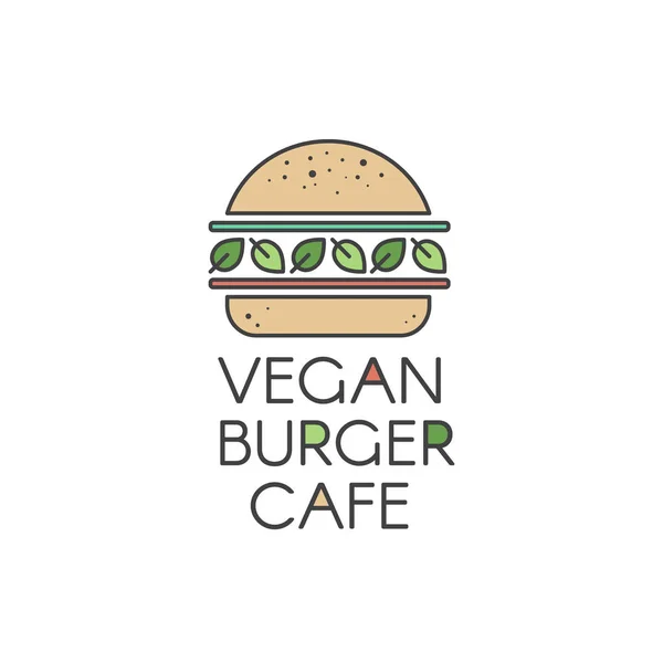 Logotipo plano de la ilustración del estilo del icono del vector para el café o el restaurante vegano o vegetariano de la parrilla de la hamburguesa, hamburguesa vegana con ensalada fresca y verduras orgánicas — Vector de stock