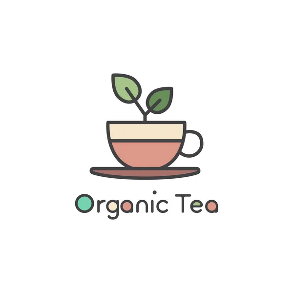 Logo de ilustración de estilo de icono plano vectorial para té verde orgánico Tienda de estilo de vida saludable. Taza de té verde orgánico y hojas verdes frescas — Vector de stock