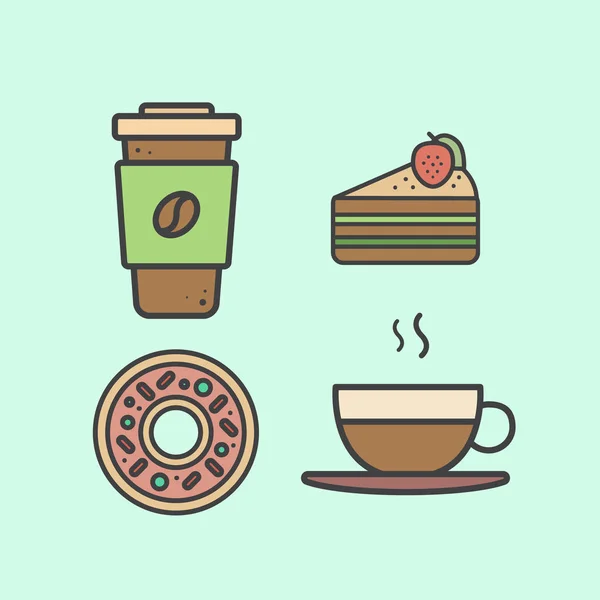 Vektör basit simge stil illüstrasyon Set tatlılar ve sıcak içecekler dahil olmak üzere taze kahve, sıcak çay, kek çilek ve çörek — Stok Vektör